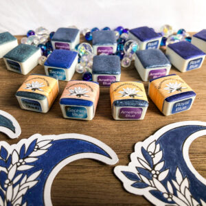 Handgemachte Aquarellfarbe, Blue-Series-Set : Sternenstaub, Royal Blue, Amethyst Blue, Saphira Blue, halber Napf