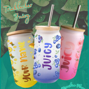 Glasbecher 550ml, Motiv Juicy 3 Farben und 6 Schriftzüge