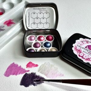 Handgemachte Aquarellfarben „Mondperlen Blütentanz“  magnetisch, Glitzer, runde Näpfchen 0,5 ml, 8 Farben