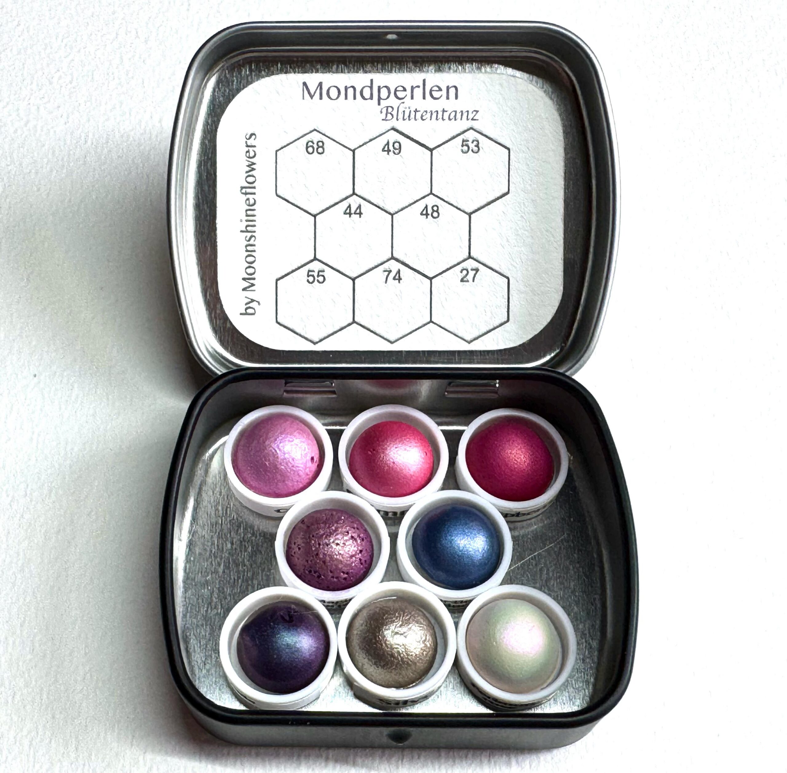 Handgemachte Aquarellfarben „Mondperlen Blütentanz“ magnetisch, Glitzer, runde Näpfchen 0,5 ml, 8 Farben – Bild 2