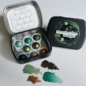 Handgemachte Aquarellfarben „Mondperlen Waldmystic“  magnetisch, Glitzer, runde Näpfchen 0,5 ml, 8 Farben